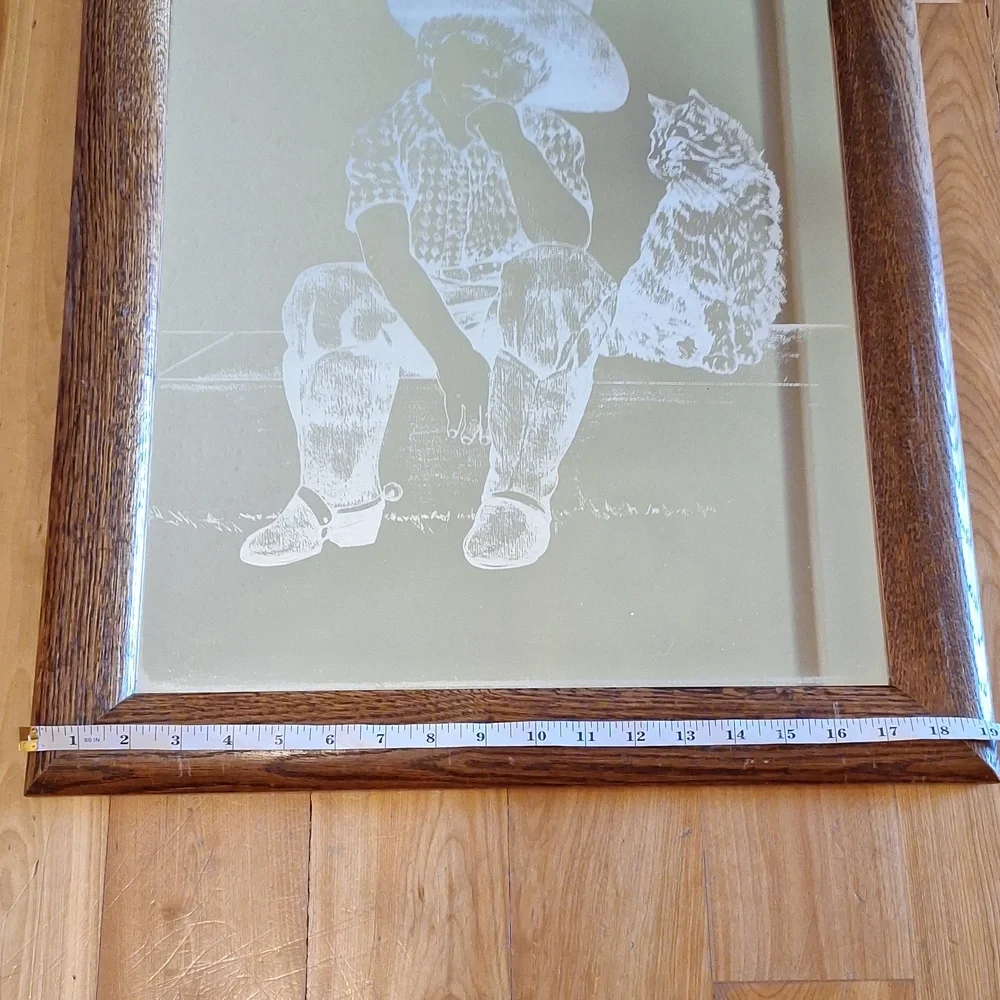 Vintage Cowboy Kid And Cat Etched Glass Mirror With Wooden Frame